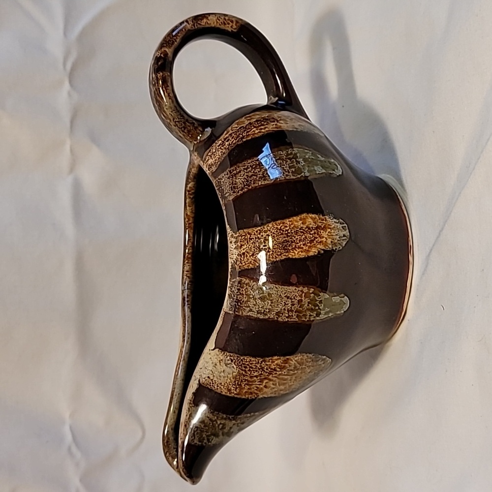 Vintage Dryden Signed Art Pottery Brown & Green Drip Glaze Gravy Sauce Boat